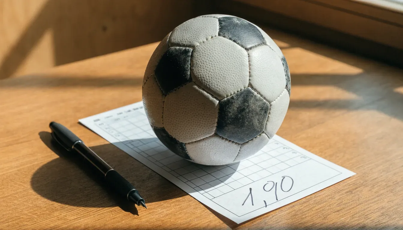 Un pallone da calcio appoggiato su una schedina bianca su un tavolo di legno, alla luce del giorno