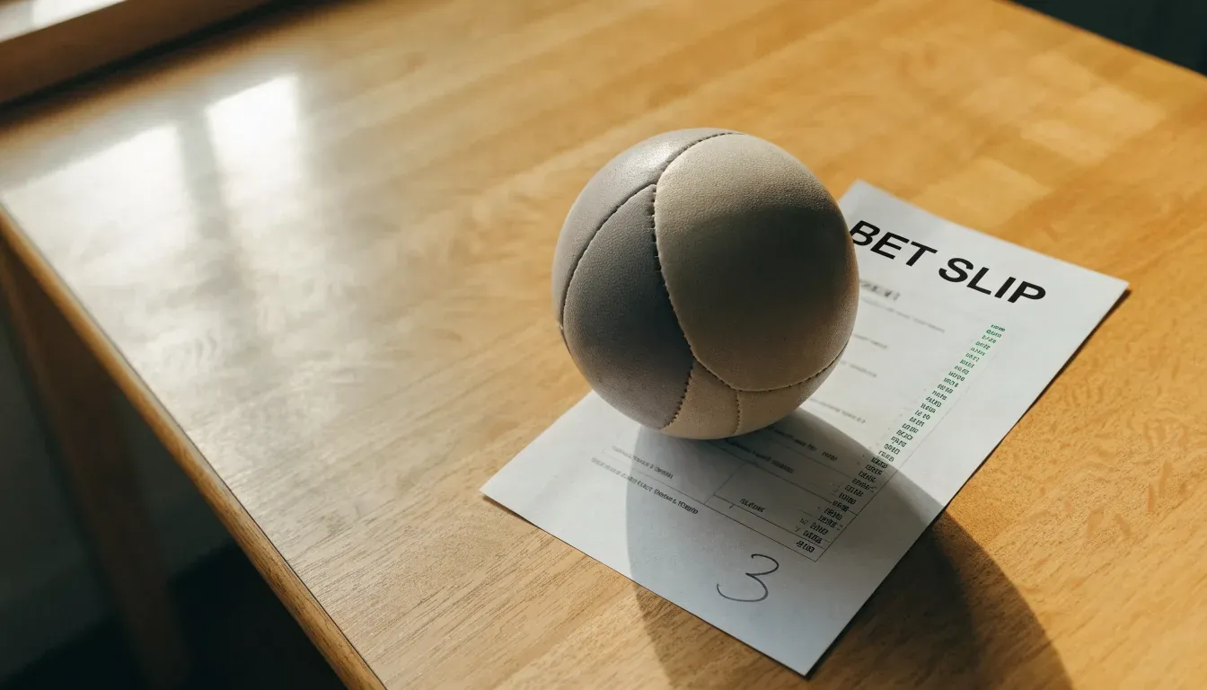 Un pallone da calcio appoggiato su una schedina bianca su un tavolo di legno, alla luce del giorno