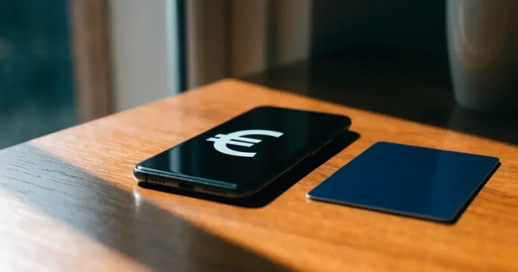 Uno smartphone e una carta di pagamento affiancati su un tavolo di legno, con alcune banconote da euro accanto