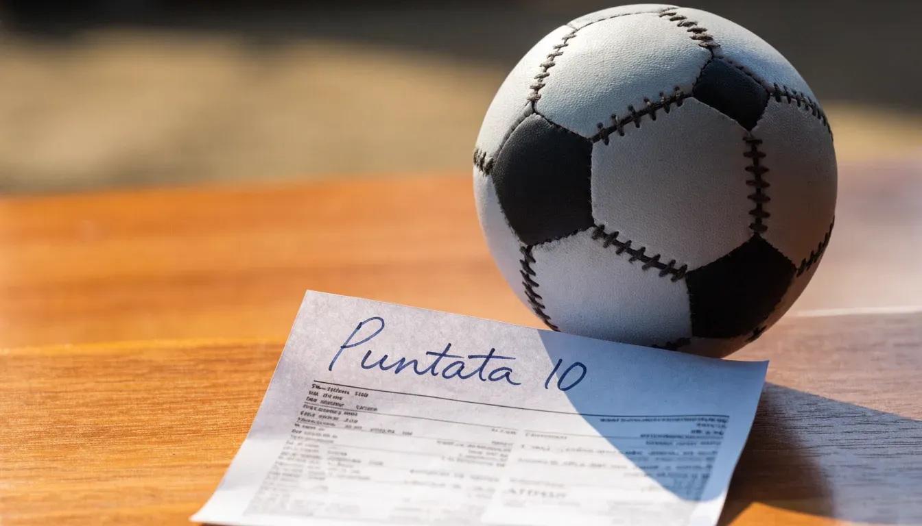 Un pallone da calcio appoggiato su una schedina bianca su un tavolo di legno, alla luce del giorno