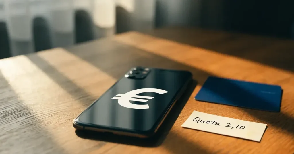 Uno smartphone e una carta di pagamento affiancati su un tavolo di legno, con alcune banconote da euro accanto