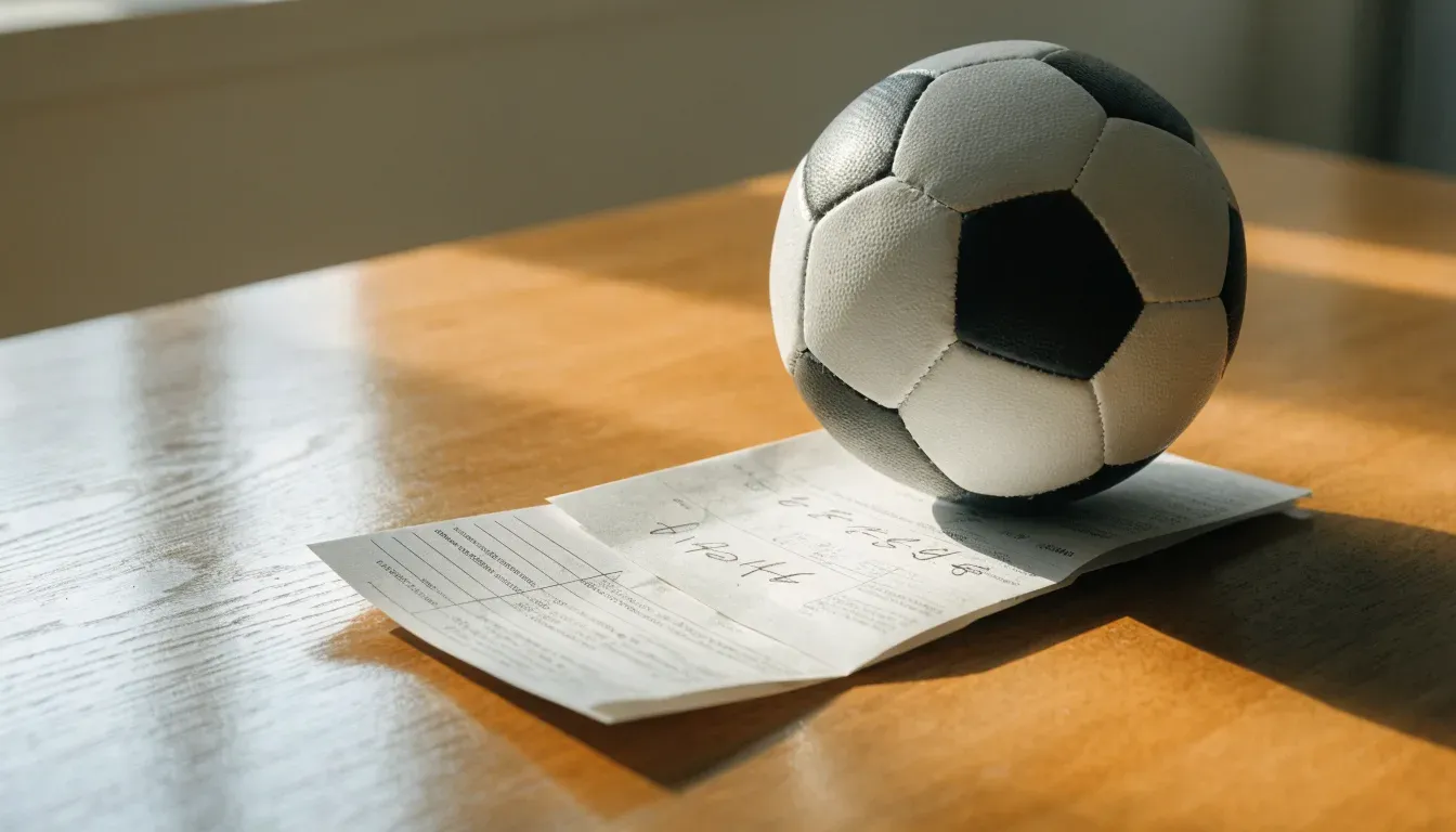 Un pallone da calcio appoggiato su una schedina bianca su un tavolo di legno, alla luce del giorno