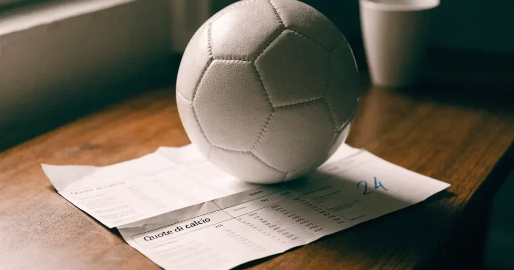 Un pallone da calcio appoggiato su una schedina bianca su un tavolo di legno, alla luce del giorno