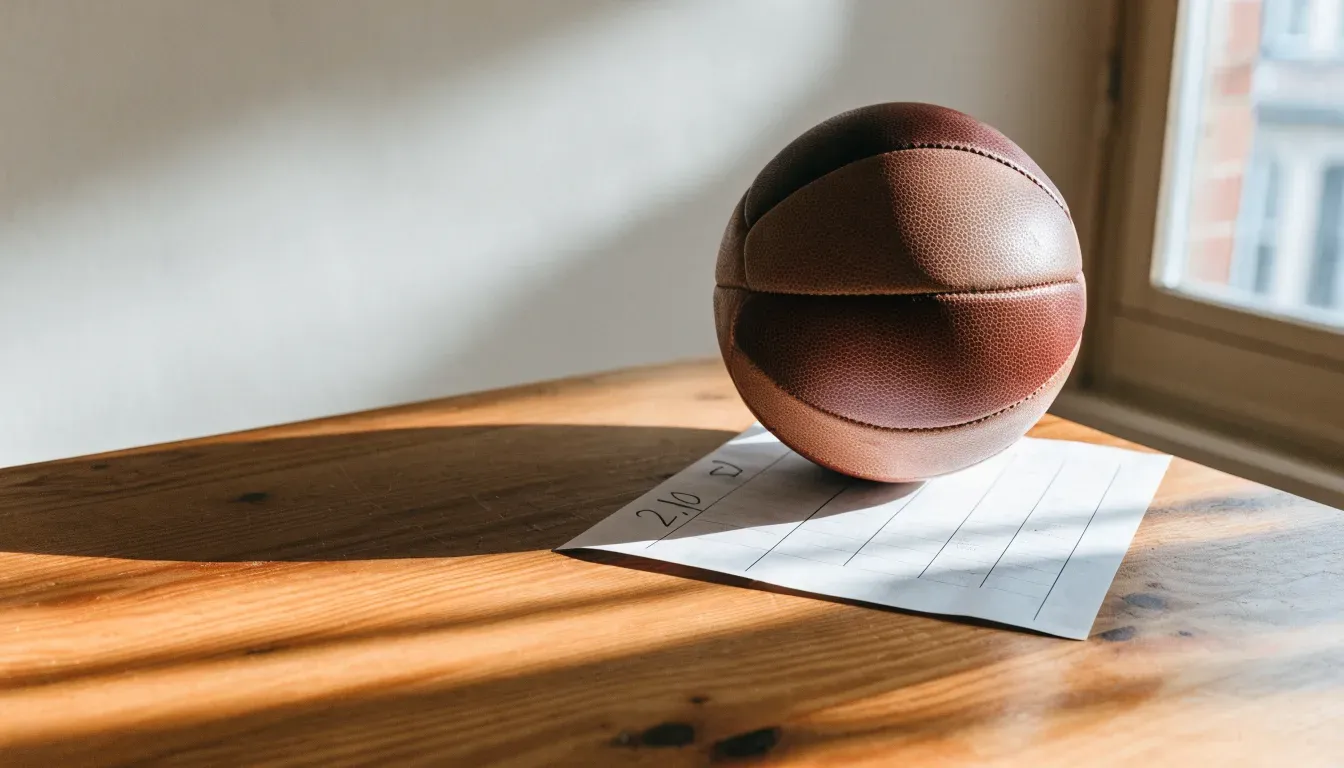 Un pallone da calcio appoggiato su una schedina bianca su un tavolo di legno, alla luce del giorno