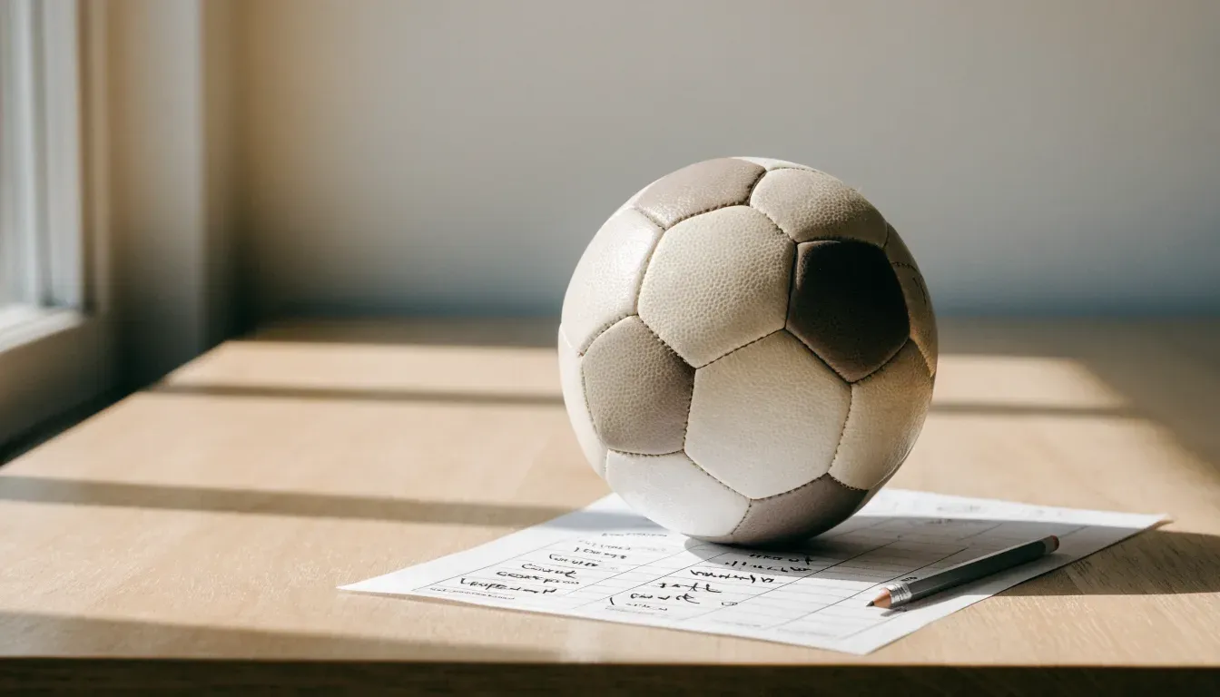 Un pallone da calcio appoggiato su una schedina bianca su un tavolo di legno, alla luce del giorno