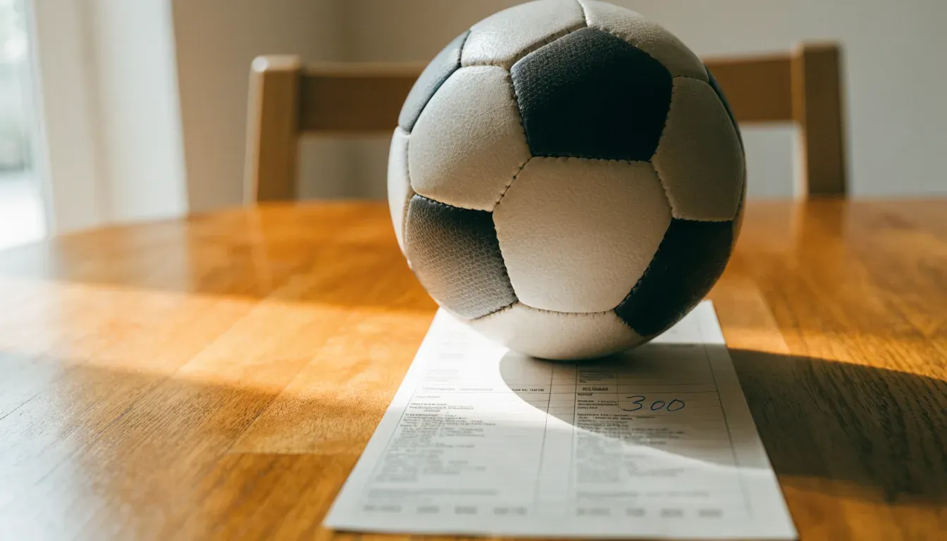 Un pallone da calcio appoggiato su una schedina bianca su un tavolo di legno, alla luce del giorno