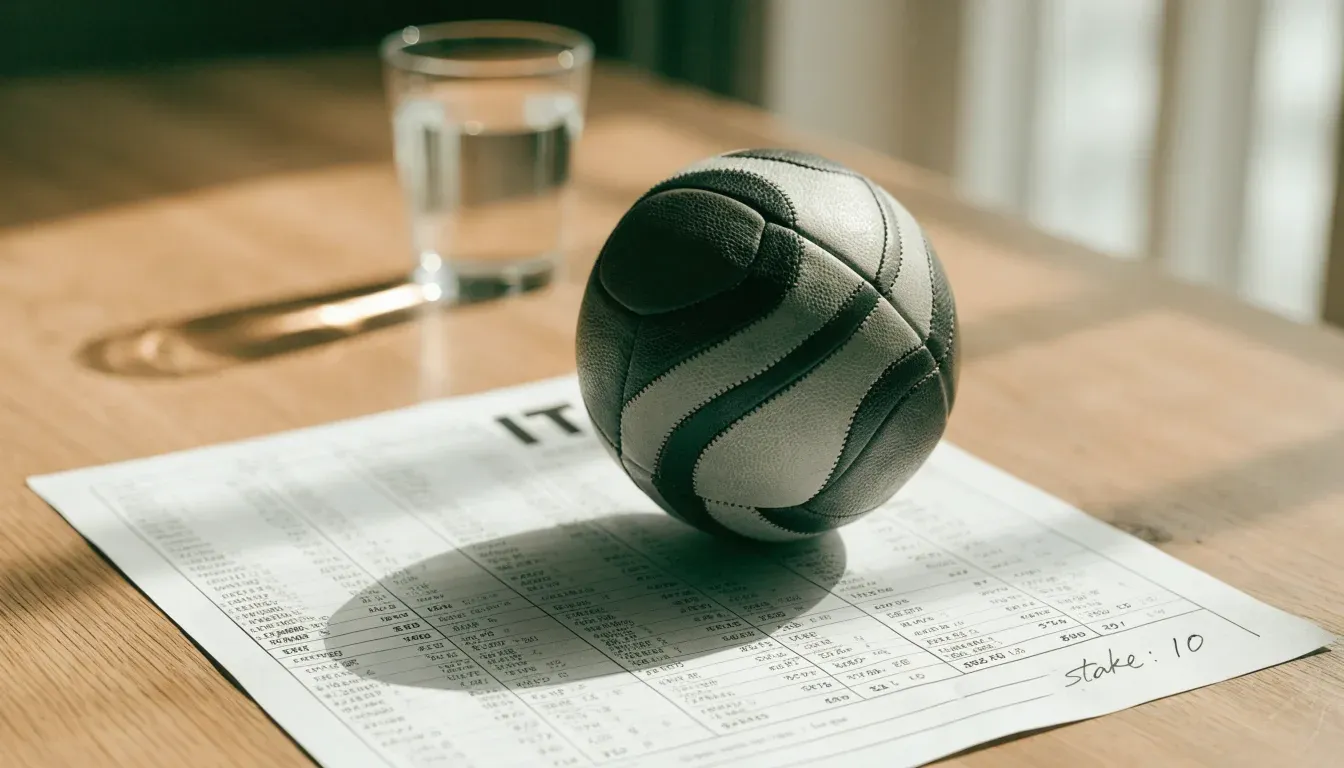 Un pallone da calcio appoggiato su una schedina bianca su un tavolo di legno, alla luce del giorno