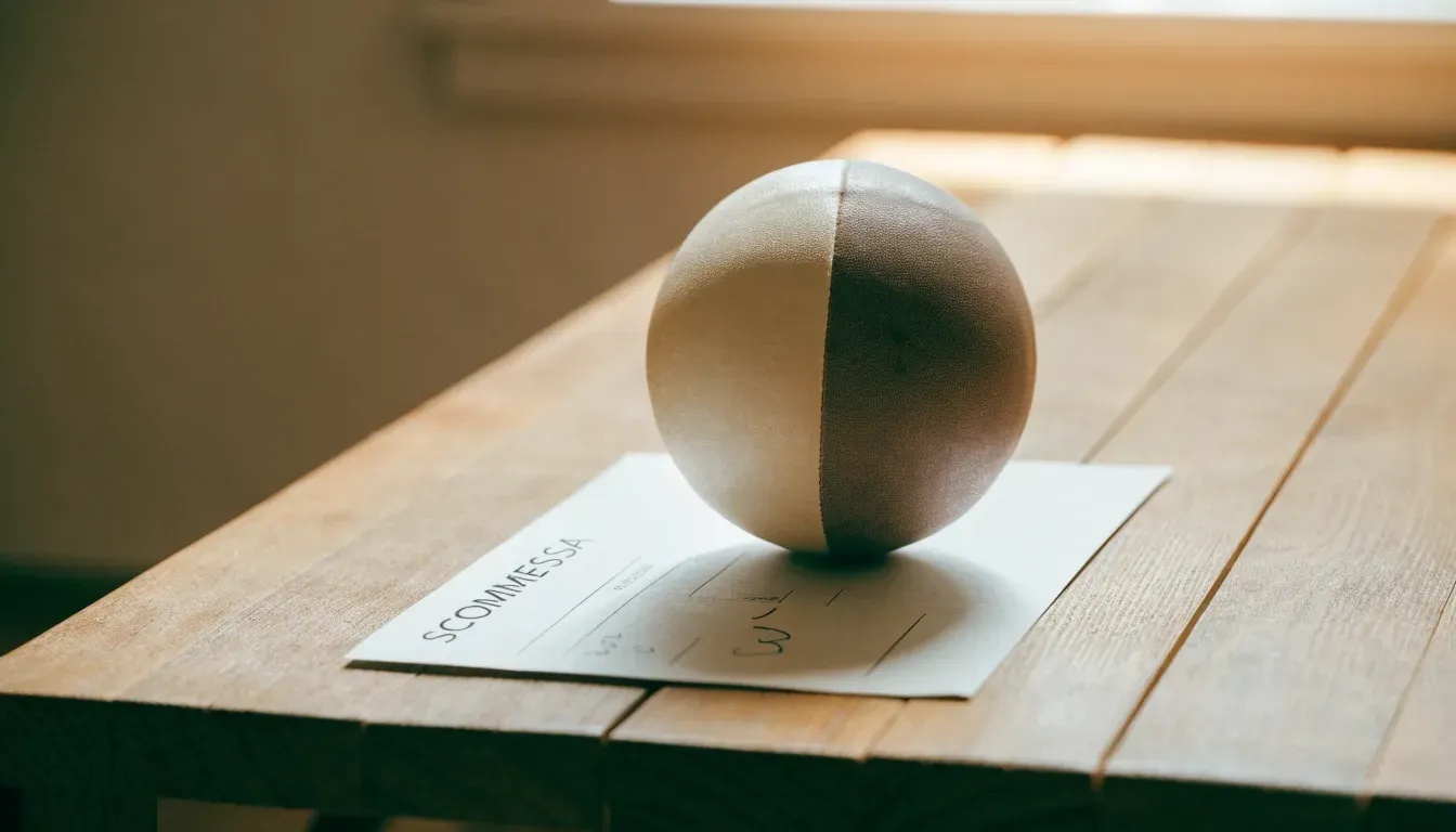 Un pallone da calcio appoggiato su una schedina bianca su un tavolo di legno, alla luce del giorno