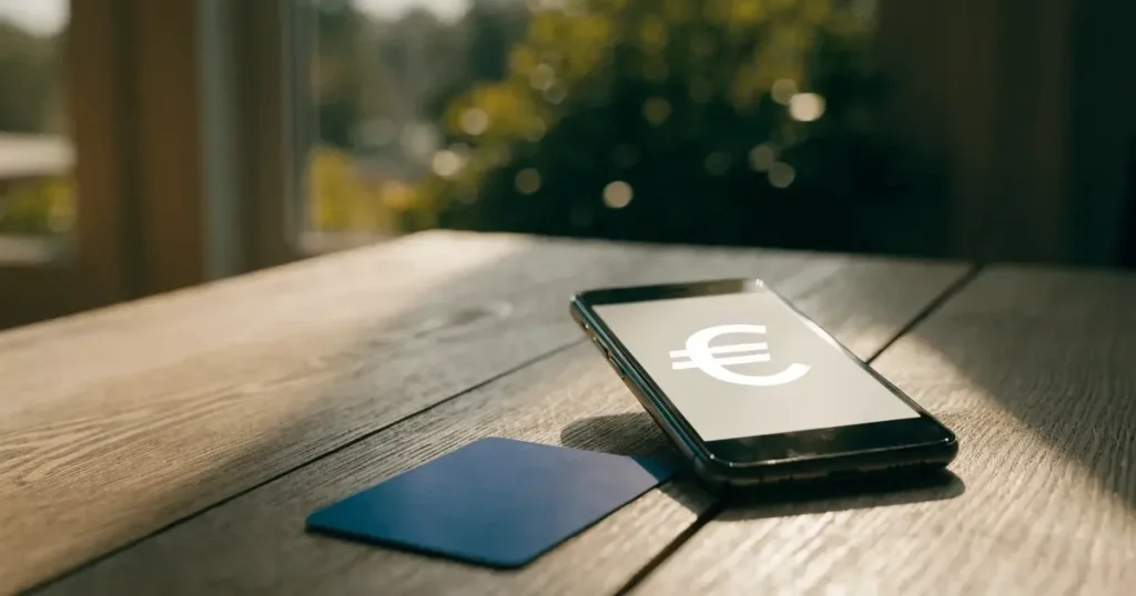 Uno smartphone e una carta di pagamento affiancati su un tavolo di legno, con alcune banconote da euro accanto