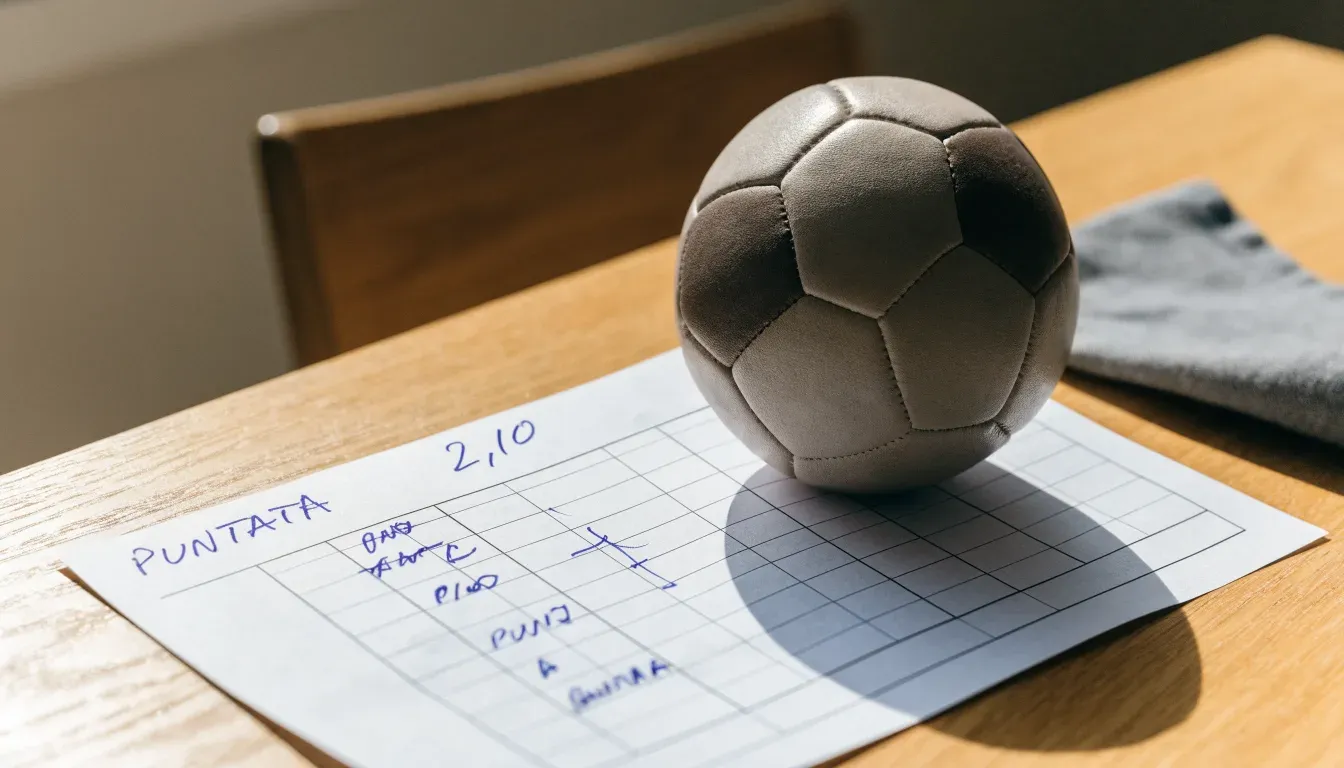 Un pallone da calcio appoggiato su una schedina bianca su un tavolo di legno, alla luce del giorno