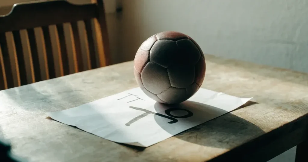 Un pallone da calcio appoggiato su una schedina bianca su un tavolo di legno, alla luce del giorno