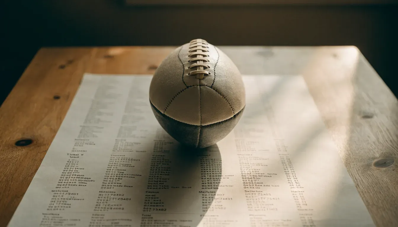 Un pallone da calcio appoggiato su una schedina bianca su un tavolo di legno, alla luce del giorno