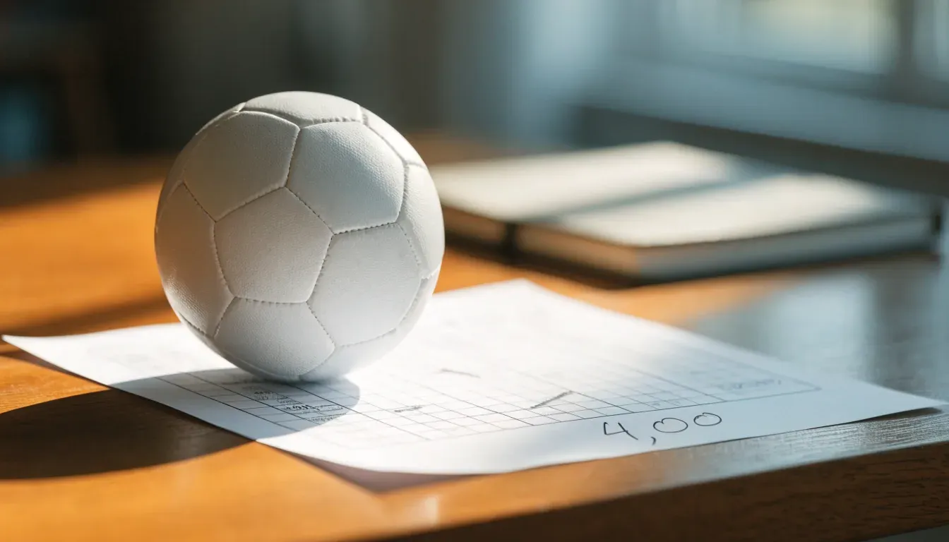 Un pallone da calcio appoggiato su una schedina bianca su un tavolo di legno, alla luce del giorno