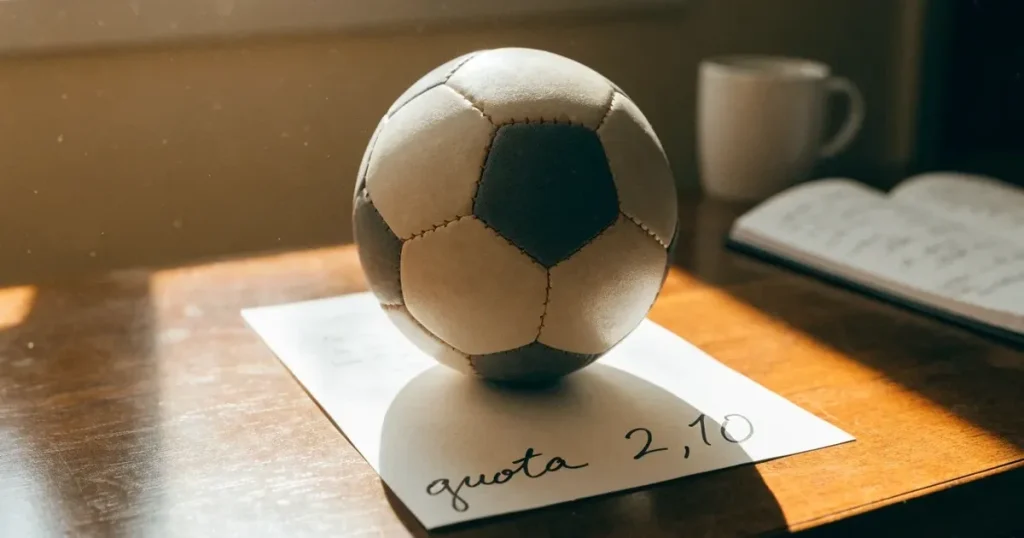 Un pallone da calcio appoggiato su una schedina bianca su un tavolo di legno, alla luce del giorno