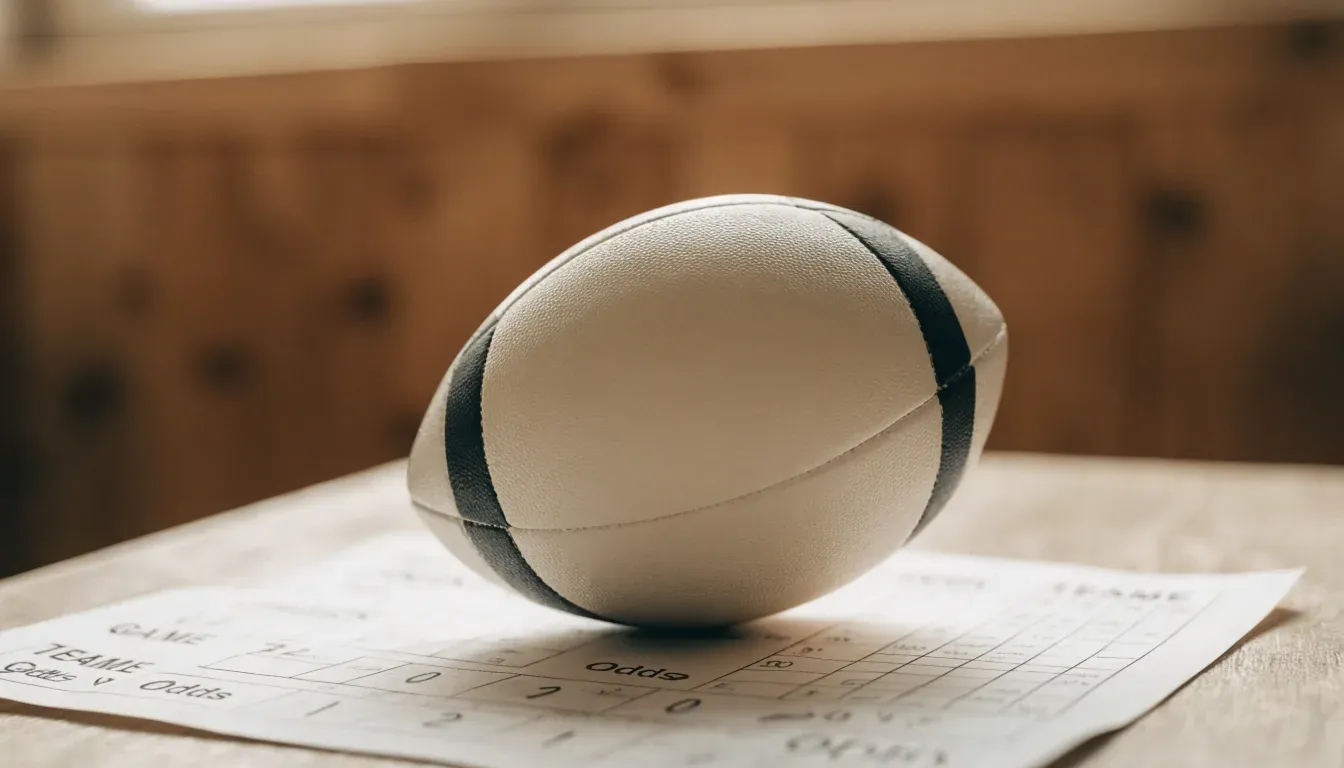 Un pallone da calcio appoggiato su una schedina bianca su un tavolo di legno, alla luce del giorno