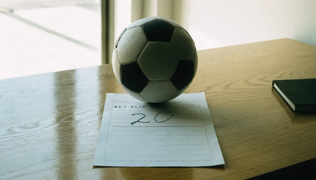 Un pallone da calcio appoggiato su una schedina bianca su un tavolo di legno, alla luce del giorno