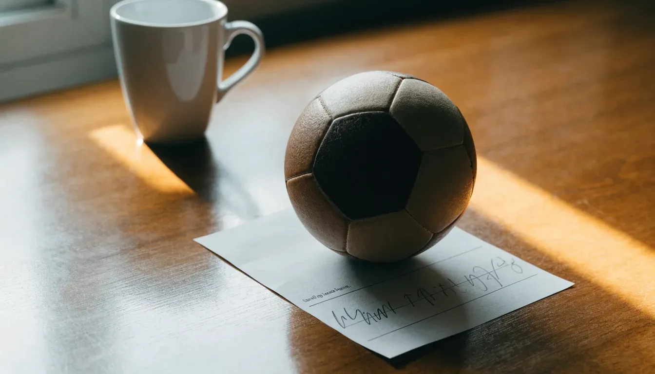 Un pallone da calcio appoggiato su una schedina bianca su un tavolo di legno, alla luce del giorno