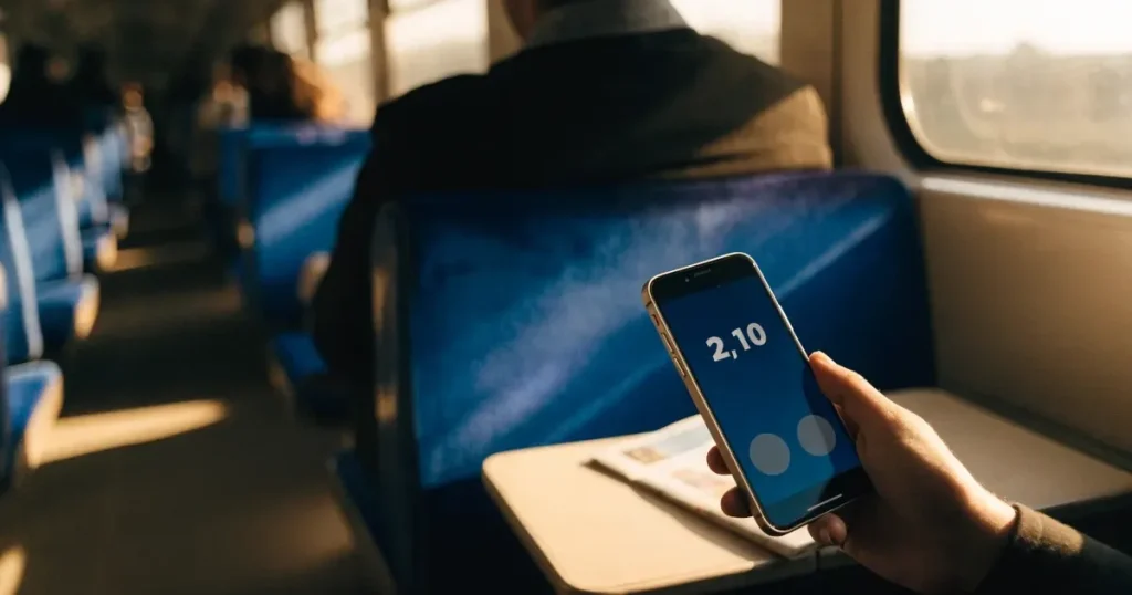 Una mano che tiene uno smartphone con una scommessa sullo schermo, su un treno nel tardo pomeriggio
