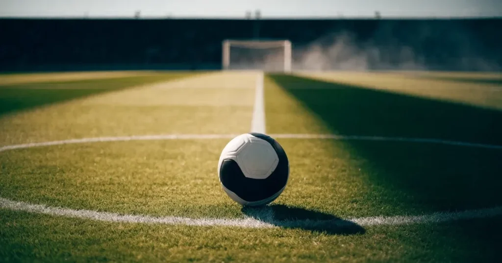 Un pallone da calcio sul dischetto del centrocampo di un prato, alla luce del mattino