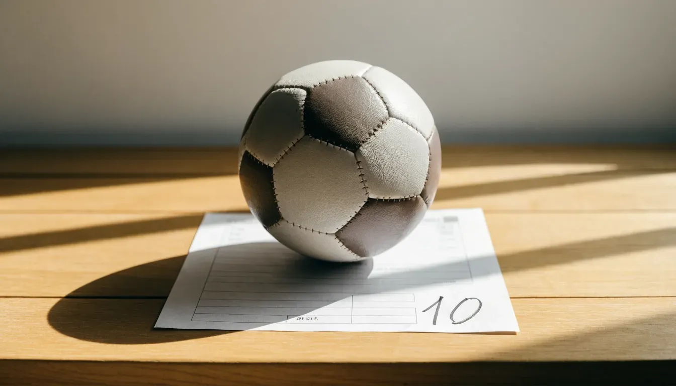 Un pallone da calcio appoggiato su una schedina bianca su un tavolo di legno, alla luce del giorno
