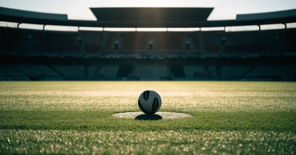 Un pallone da calcio sul dischetto del centrocampo di un prato, alla luce del mattino