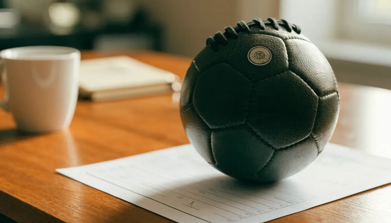 Un pallone da calcio appoggiato su una schedina bianca su un tavolo di legno, alla luce del giorno