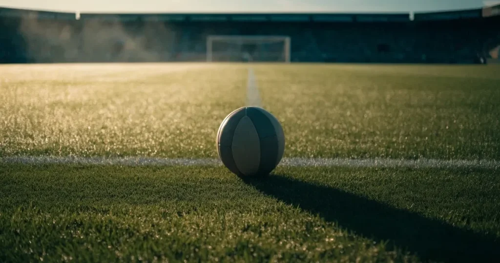 Un pallone da calcio sul dischetto del centrocampo di un prato, alla luce del mattino