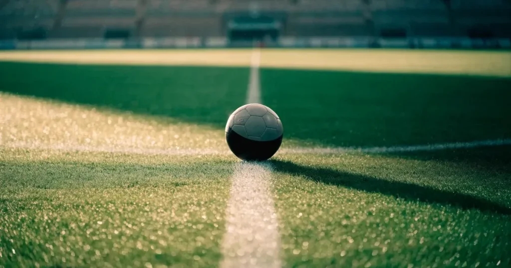 Un pallone da calcio sul dischetto del centrocampo di un prato, alla luce del mattino