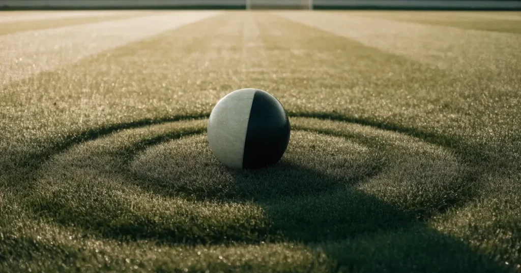Un pallone da calcio sul dischetto del centrocampo di un prato, alla luce del mattino