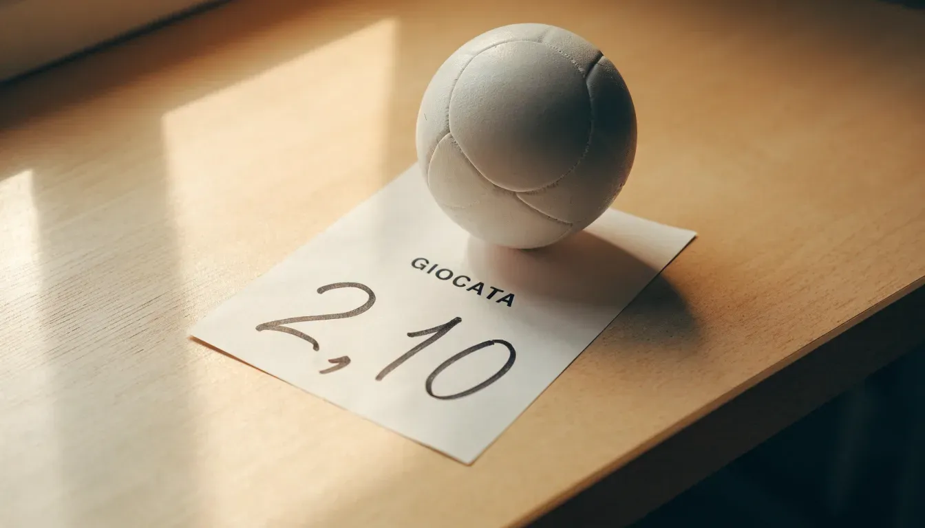 Un pallone da calcio appoggiato su una schedina bianca su un tavolo di legno, alla luce del giorno