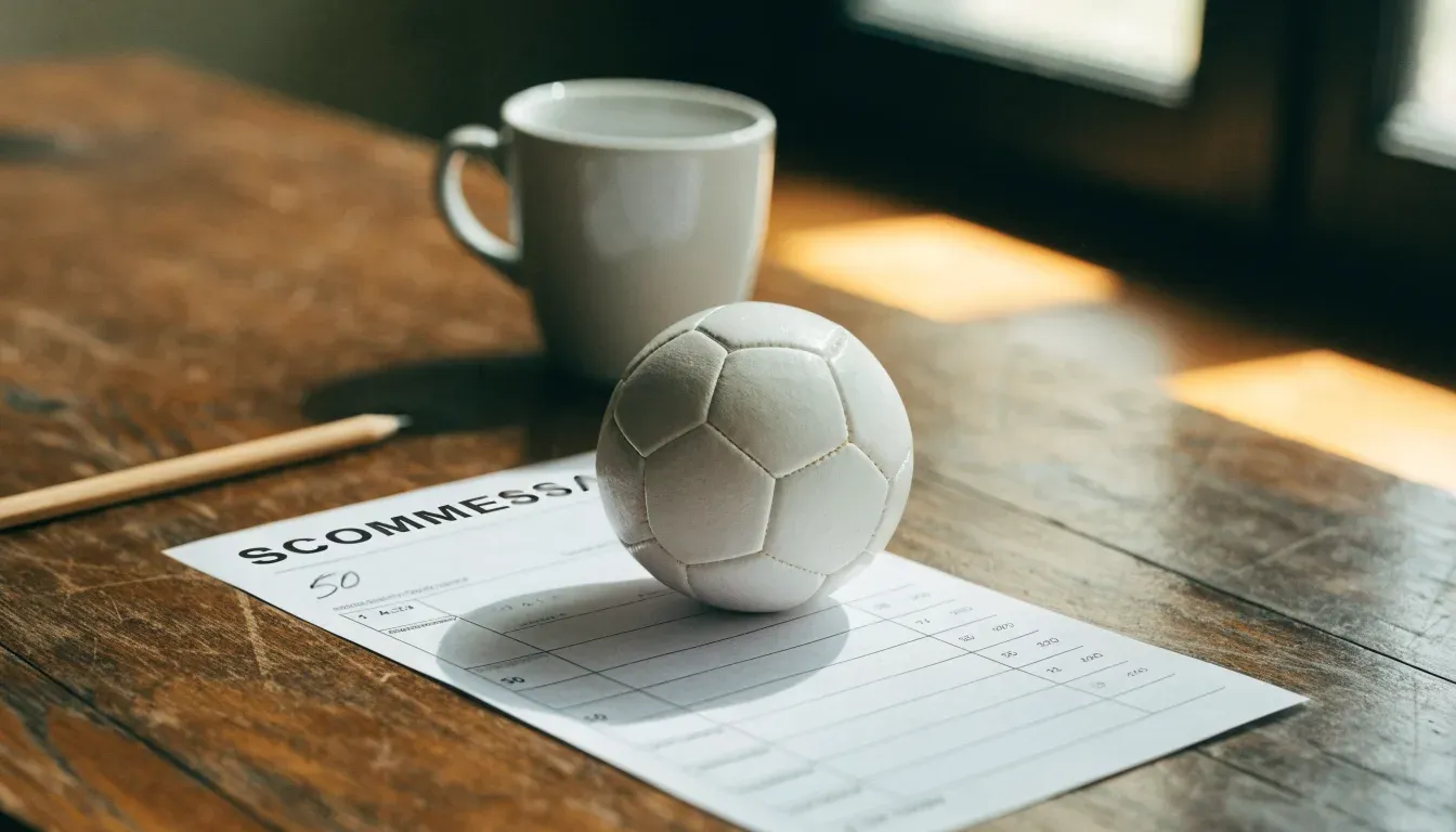 Un pallone da calcio appoggiato su una schedina bianca su un tavolo di legno, alla luce del giorno