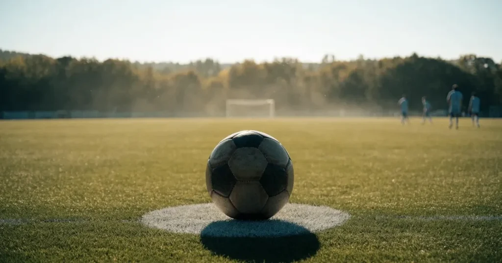 Un pallone da calcio sul dischetto del centrocampo di un prato, alla luce del mattino