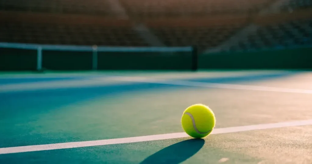 Un pallone da calcio sul dischetto del centrocampo di un prato, alla luce del mattino