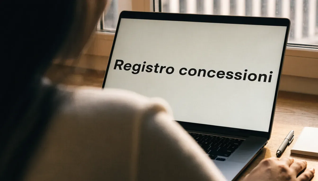 Un foglio di concessione in carta con un timbro rosso, appoggiato su una scrivania di legno accanto a una penna