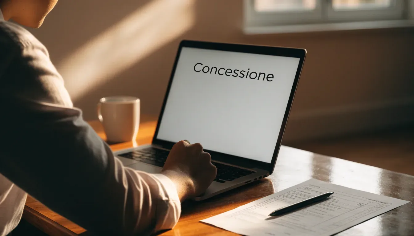Un foglio di concessione in carta con un timbro rosso, appoggiato su una scrivania di legno accanto a una penna