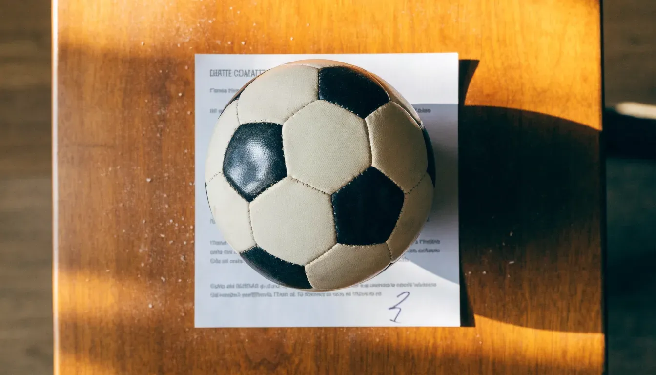 Un pallone da calcio appoggiato su una schedina bianca su un tavolo di legno, alla luce del giorno