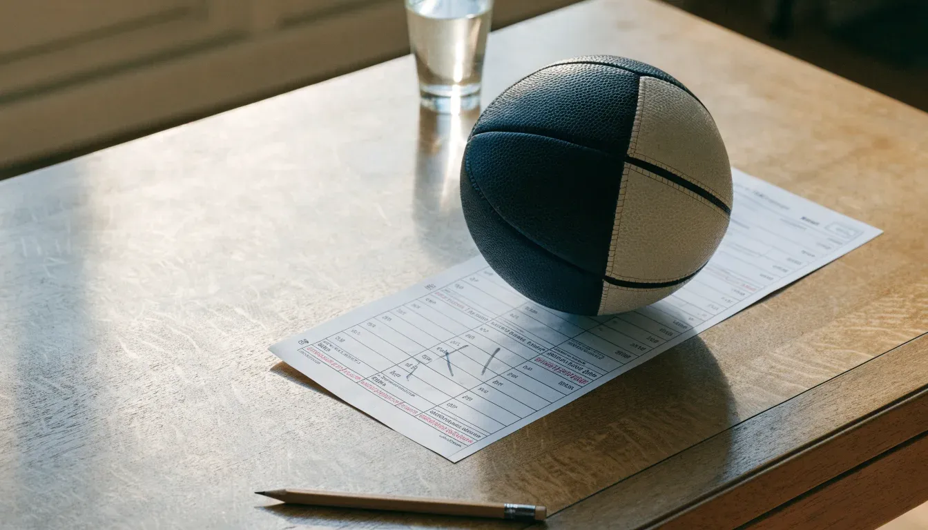 Un pallone da calcio appoggiato su una schedina bianca su un tavolo di legno, alla luce del giorno