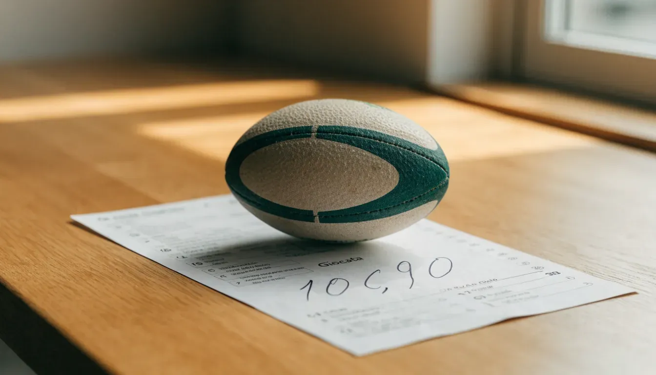 Un pallone da calcio appoggiato su una schedina bianca su un tavolo di legno, alla luce del giorno
