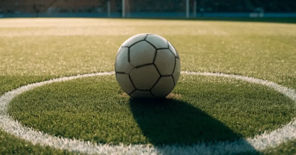 Un pallone da calcio sul dischetto del centrocampo di un prato, alla luce del mattino