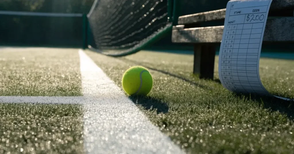 Un pallone da calcio sul dischetto del centrocampo di un prato, alla luce del mattino