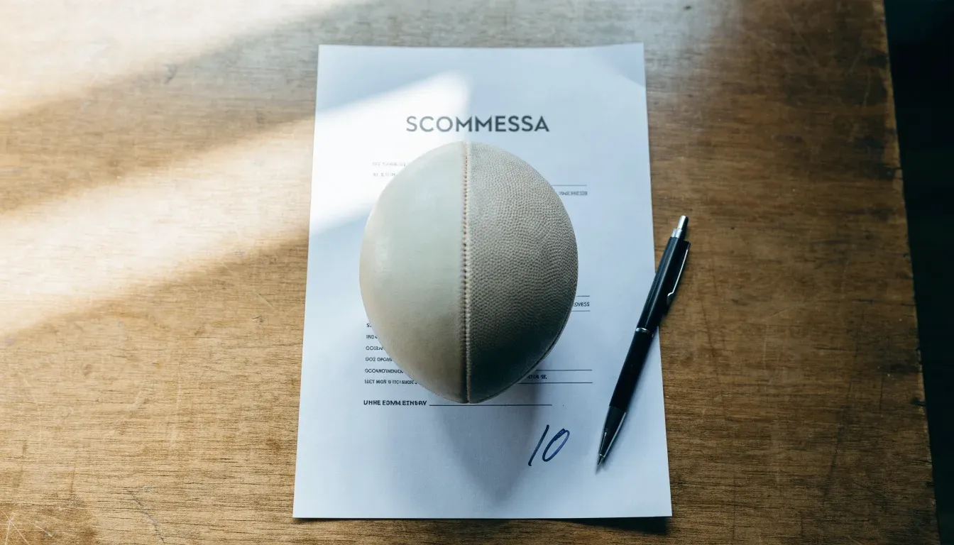 Un pallone da calcio appoggiato su una schedina bianca su un tavolo di legno, alla luce del giorno