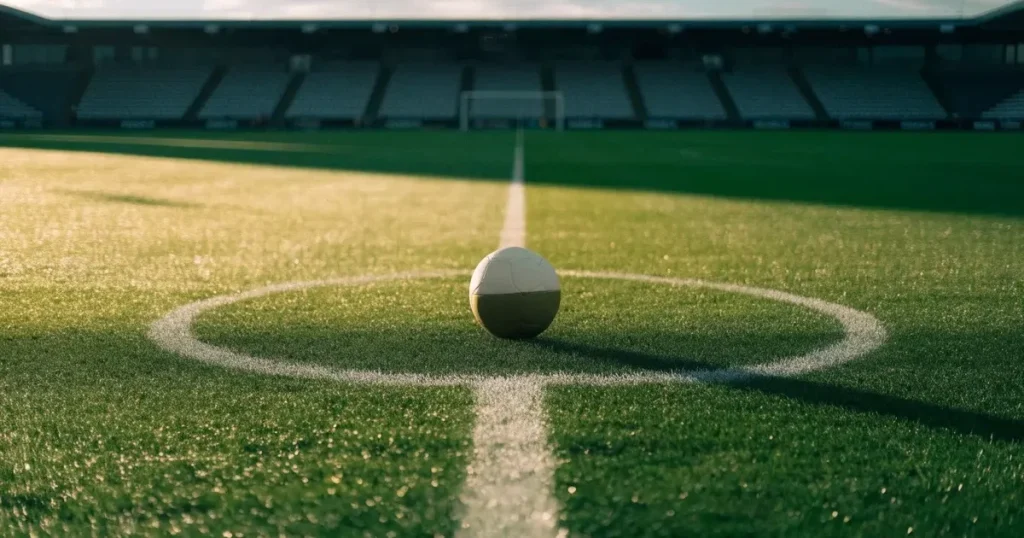 Un pallone da calcio sul dischetto del centrocampo di un prato, alla luce del mattino