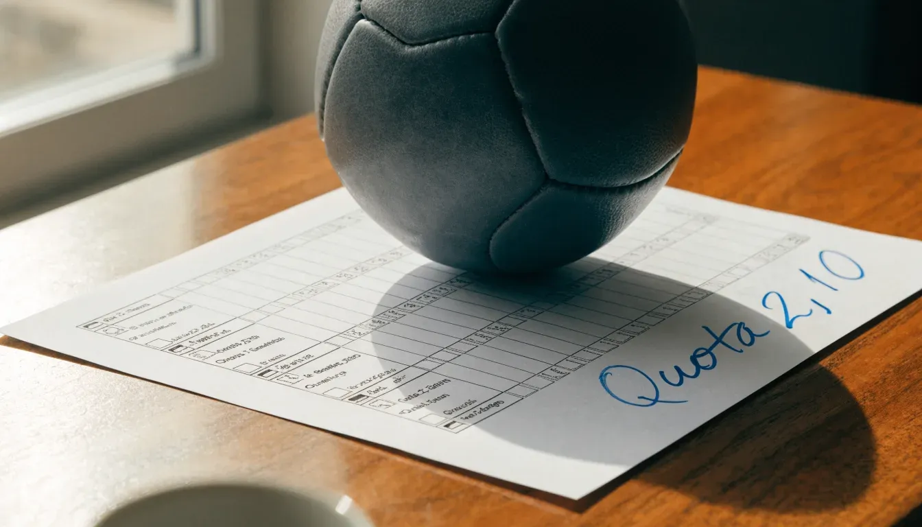 Un pallone da calcio appoggiato su una schedina bianca su un tavolo di legno, alla luce del giorno