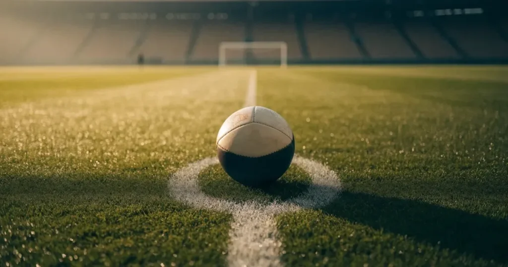 Un pallone da calcio sul dischetto del centrocampo di un prato, alla luce del mattino