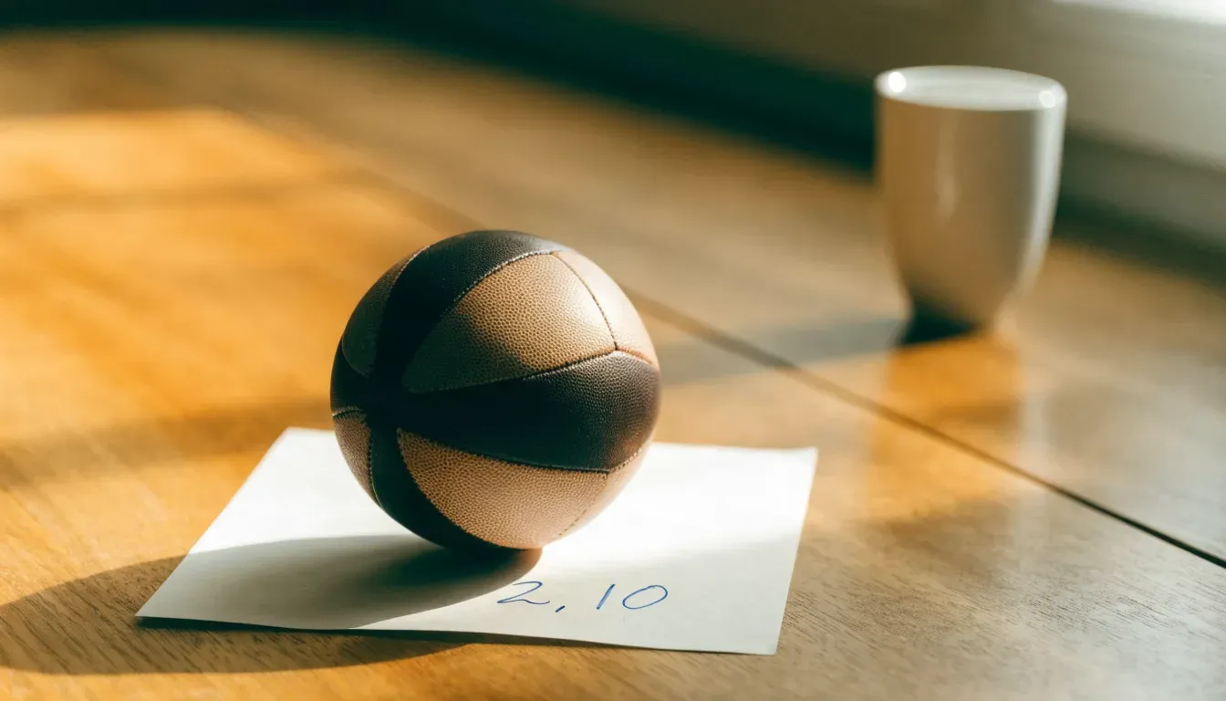 Un pallone da calcio appoggiato su una schedina bianca su un tavolo di legno, alla luce del giorno