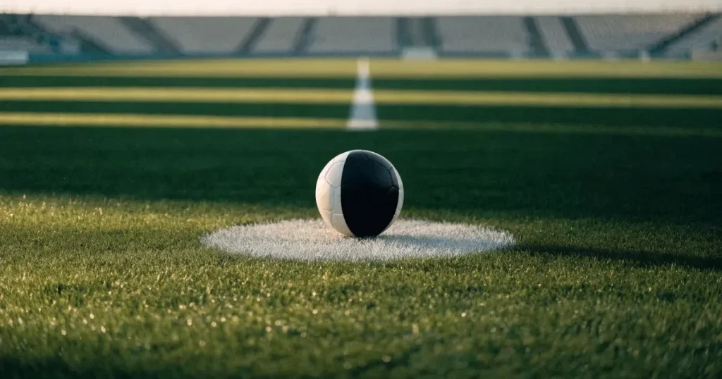 Un pallone da calcio sul dischetto del centrocampo di un prato, alla luce del mattino