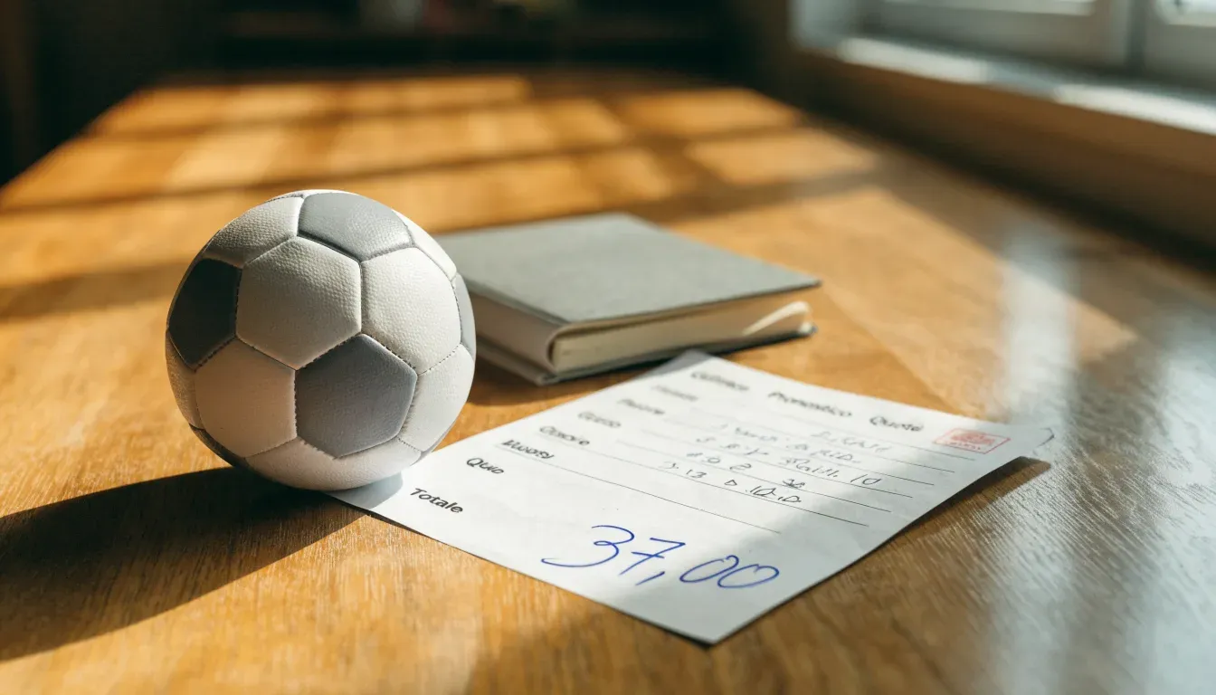 Un pallone da calcio appoggiato su una schedina bianca su un tavolo di legno, alla luce del giorno