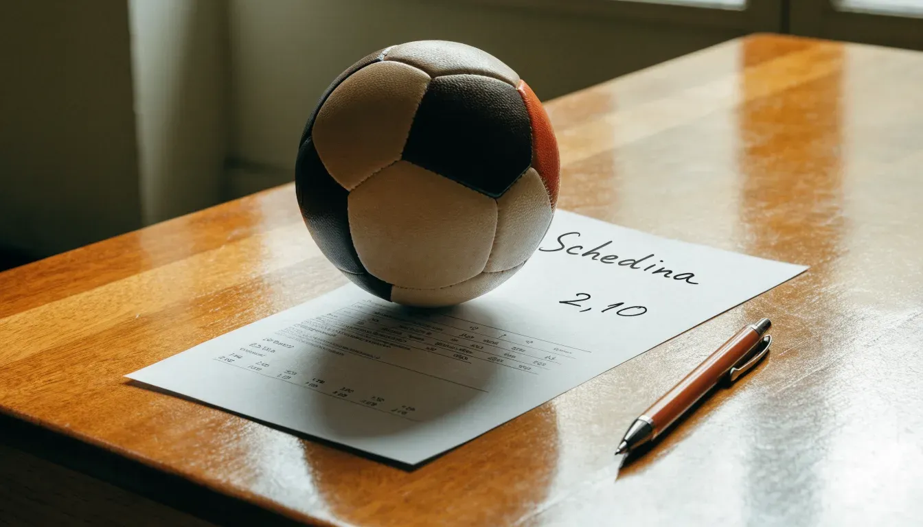 Un pallone da calcio appoggiato su una schedina bianca su un tavolo di legno, alla luce del giorno