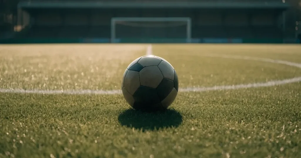 Un pallone da calcio sul dischetto del centrocampo di un prato, alla luce del mattino