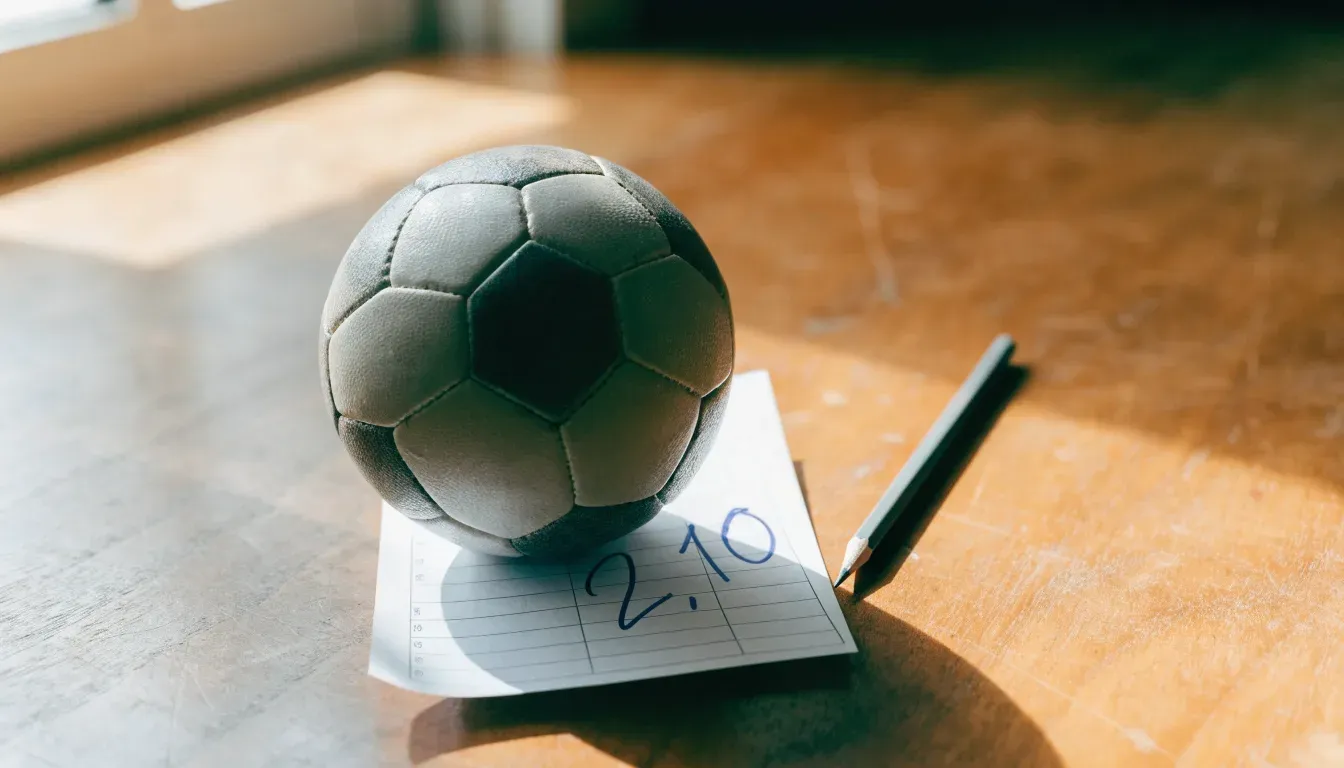 Un pallone da calcio appoggiato su una schedina bianca su un tavolo di legno, alla luce del giorno